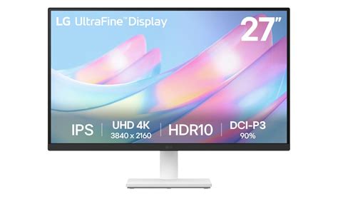 LG UltraFine 27" 4K UHD IPS Monitor with USB-C, incl Speakers; 27" 4K UHD (3840x2160) IPS Panel; DCI-P3 90% (CIE1976) Color Gamut; 1.07B Color Depth; 2x 5W Speakers; 2x HDMI; 1x Display; 1x USB-C Port; Tilt/Height/Swivel/Pivot Functionality; 100x100 VESA Mountable; 3 Year Carry-in Warranty
